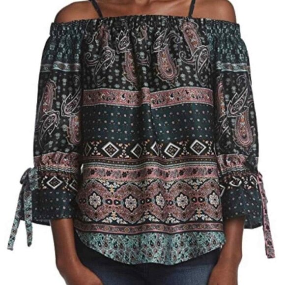 A. BYER OFF THE SHOULDER CHIFFON PATTERN BLOUSE (SIZE M) - Picture 1 of 9